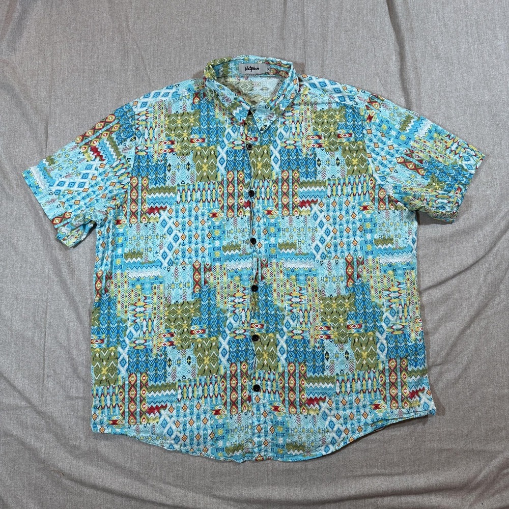 Vatpave Shirt Mens XL Blue‎ Green Aztec Geometric Short Sleeve Button Up Cotton